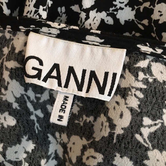 Ganni Black and White Floral Open Tie Front Peplum Blouse - Picture 8 of 9